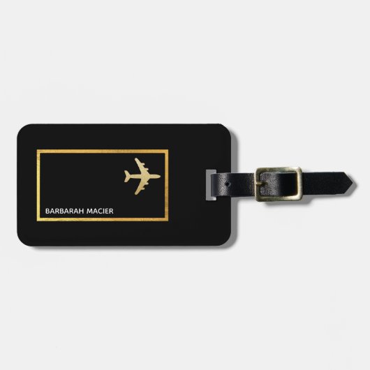 op maat gemaakt zwart reisfornuis goudvliegtuig bagagelabel (Voorkant horizontaal)