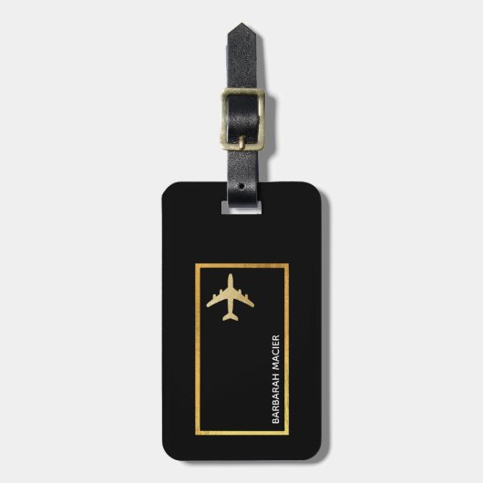 op maat gemaakt zwart reisfornuis goudvliegtuig bagagelabel (Voorkant verticaal)
