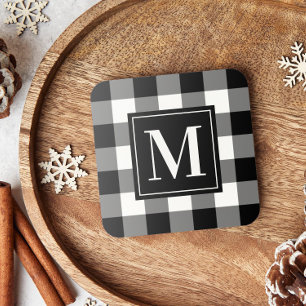 Op maat gemaakt zwart-wit buffelplaid monogram bier onderzetter