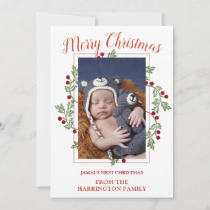 Op maat gemaakte babyfoto eerste kerstvakantiekaar feestdagenkaart
