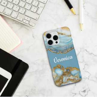 Op maat gemaakte blauwe agaat geode marmer naam pe iPhone 16 pro max hoesje