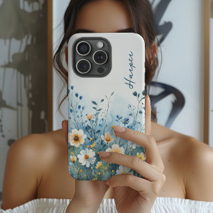 Op maat gemaakte blauwe bloemenhoesje cadeau voor  iPhone 16 pro max hoesje