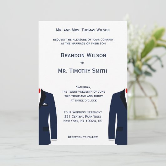 Op maat gemaakte blauwe en witte gay trouwuitnodig kaart (Staand voorkant)