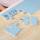 Op maat gemaakte blauwe familiefotocollage met mon legpuzzel (Zijkant)