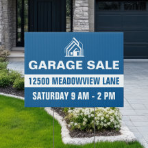 Op maat gemaakte blauwe garage sale huisadres tuin