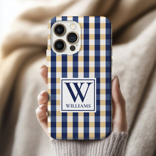 Op maat gemaakte blauwe gele geruite telefoonhoes iPhone 15 pro case