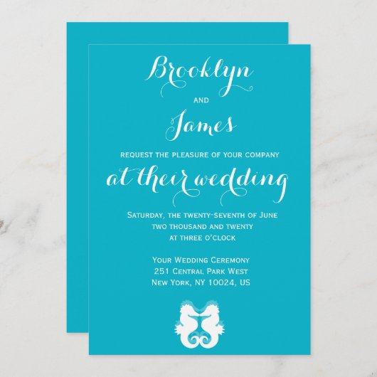 Op maat gemaakte blauwe witte zeepaard bruiloft ui kaart (Voorkant / Achterkant)