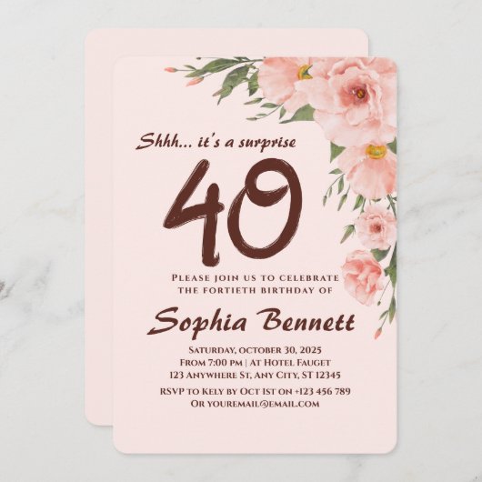 Op maat gemaakte bloemige 40e verjaardagsuitnodigi kaart (Voorkant / Achterkant)