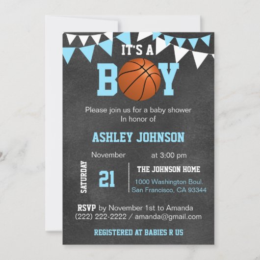 Op maat gemaakte Blue Boy Basketbal Baby Shower Ui Kaart (Voorkant)
