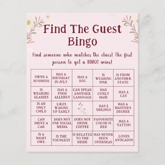 Op maat gemaakte Boho Bloemige Vind de Gast Bingo Flyer (Voorkant)