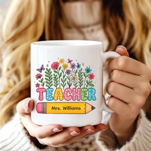 Op maat gemaakte Boho Wilde Bloemen Docenten Mok,  Koffiemok