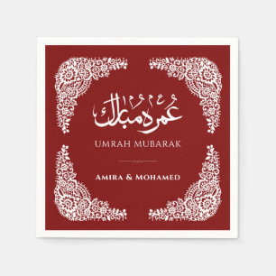 Op maat gemaakte bordeauxrode Umrah Mubarak servet