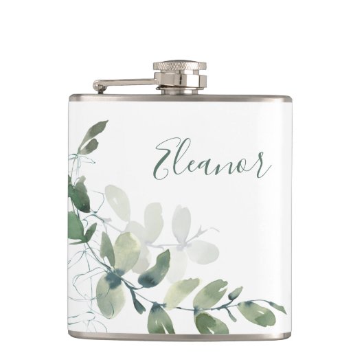 Op maat gemaakte botanische eucalyptus boho bruids heupfles (Voorkant)