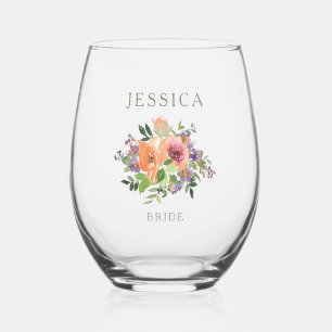 Op maat gemaakte BRUIDSNAAM Aquarel Oranje Bloemen Wijnglas Zonder Voet