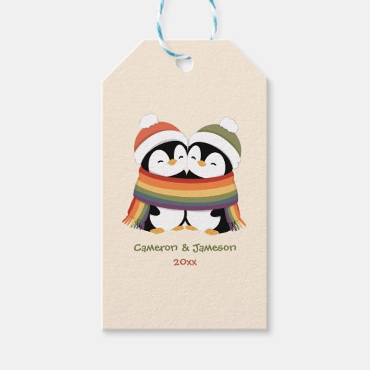 Op maat gemaakte Cozy Pride Pinguïns Kerstmis Cadeaulabel (Voorkant)