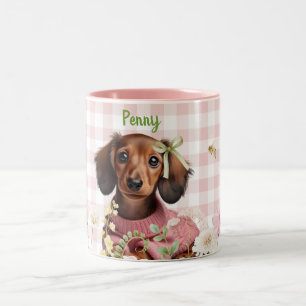 Op maat gemaakte Dachshund Roze & Groen Tweekleurige Koffiemok