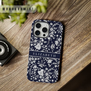 Op maat gemaakte donker marineblauwe bloemen zilve iPhone 15 pro max case