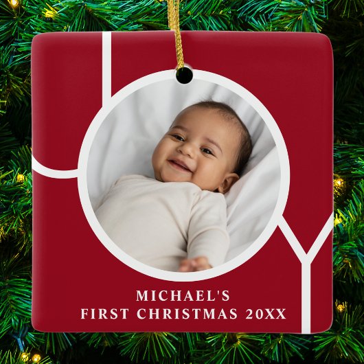 Op maat gemaakte eerste kerstfoto van baby rood keramisch ornament