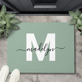 Op maat gemaakte elegante saliegroene monogram scr deurmat