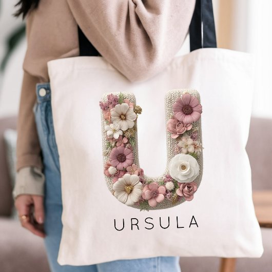 Op maat gemaakte elegante script initiële bloemrij tote bag