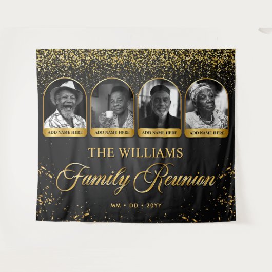 Op maat gemaakte familiebanner, 4 foto's Zwart Gou Wandkleed (Voorkant (horizontaal))