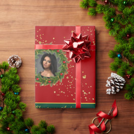 Op maat gemaakte familiefoto Festive Kersttekst Cadeaupapier