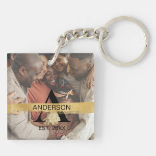 Op maat gemaakte familiefoto gouden monogram naam sleutelhanger