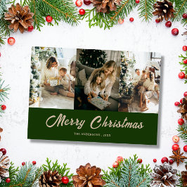 Op maat gemaakte familiefoto groene vrolijke kerst feestdagenkaart