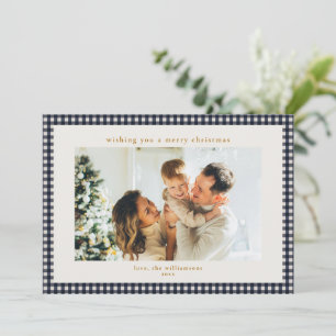 Op maat gemaakte familiefoto Navy Gingham geruite  Feestdagenkaart