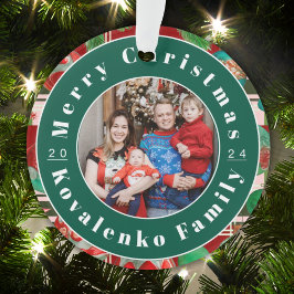 Op maat gemaakte familiefoto rode groene geruite k ornament