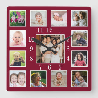 Op maat gemaakte familiefotocollage-aandenken bord vierkante klok