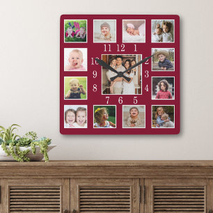Op maat gemaakte familiefotocollage-aandenken bord vierkante klok