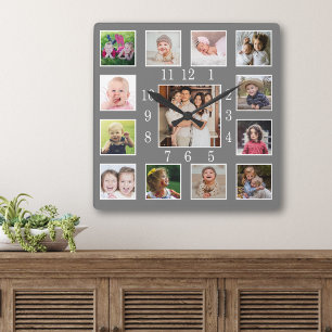 Op maat gemaakte familiefotocollage aandenken grij vierkante klok