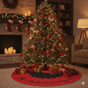 Op maat gemaakte familienaam Zwarte Rode Kerstboom Imitatie Linnen Kerstboom Kleed
