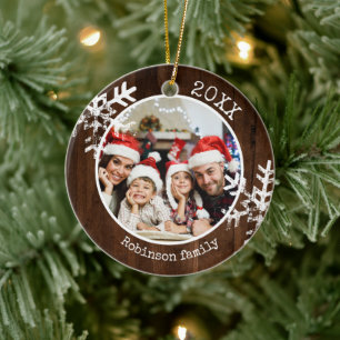 Op maat gemaakte foto rustieke houten sneeuwvlok keramisch ornament