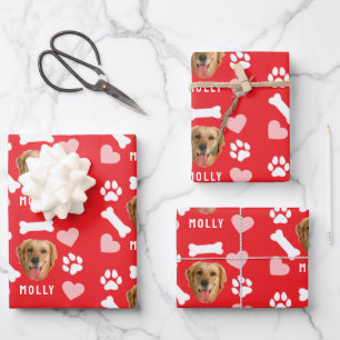 Op maat gemaakte foto van hond en naam Roze rode h Inpakpapier Vel