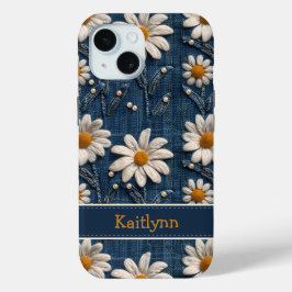 Op maat gemaakte geborduurde telefoonhoes met bloe iPhone 15 case