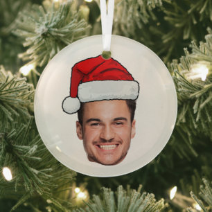 Op maat gemaakte gezichts foto Kerstman Hoed Kerst Glas Ornament