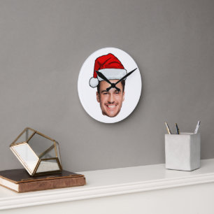 Op maat gemaakte gezichts foto Kerstman Hoed Kerst Ronde Klok