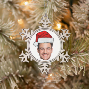 Op maat gemaakte gezichts foto Kerstman Hoed Kerst Tin Sneeuwvlok Ornament