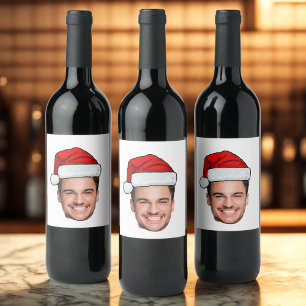 Op maat gemaakte gezichts foto Kerstman Hoed Kerst Wijn Etiket