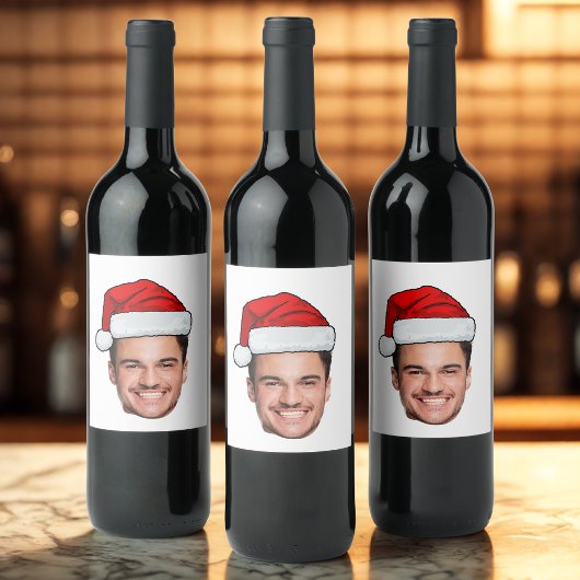 Op maat gemaakte gezichts foto Kerstman Hoed Kerst Wijn Etiket
