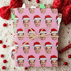 Op maat gemaakte gezichts foto Kerstman Hoed Uniek Inpakpapier Vel