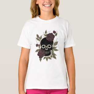 Op maat gemaakte gotische schedel en rozen donkere t-shirt