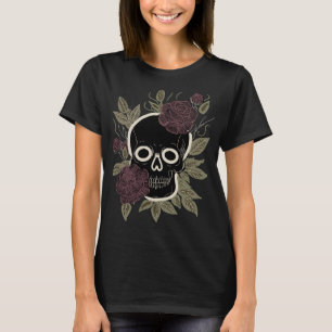 Op maat gemaakte gotische schedel en rozen donkere t-shirt