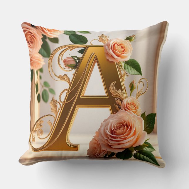 🌸 Op maat gemaakte gouden bloemrijke monogramlett Kussen (Voorkant)