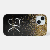 Op maat gemaakte gouden glitter zwarte glans monog iPhone 15 case (Achterkant horizontaal)