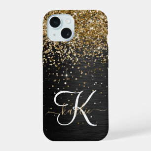 Op maat gemaakte gouden glitter zwarte glans monog iPhone 15 case