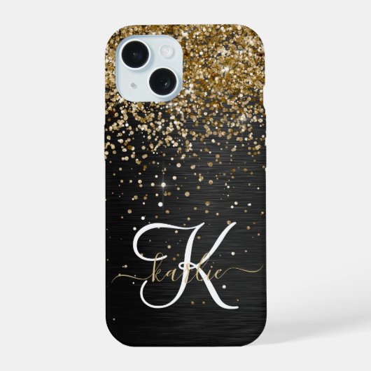 Op maat gemaakte gouden glitter zwarte glans monog iPhone 15 case (Achterkant)