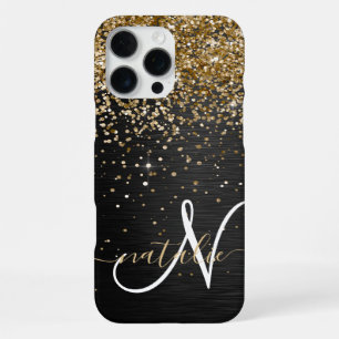 Op maat gemaakte gouden glitter zwarte glans monog iPhone 16 pro max hoesje